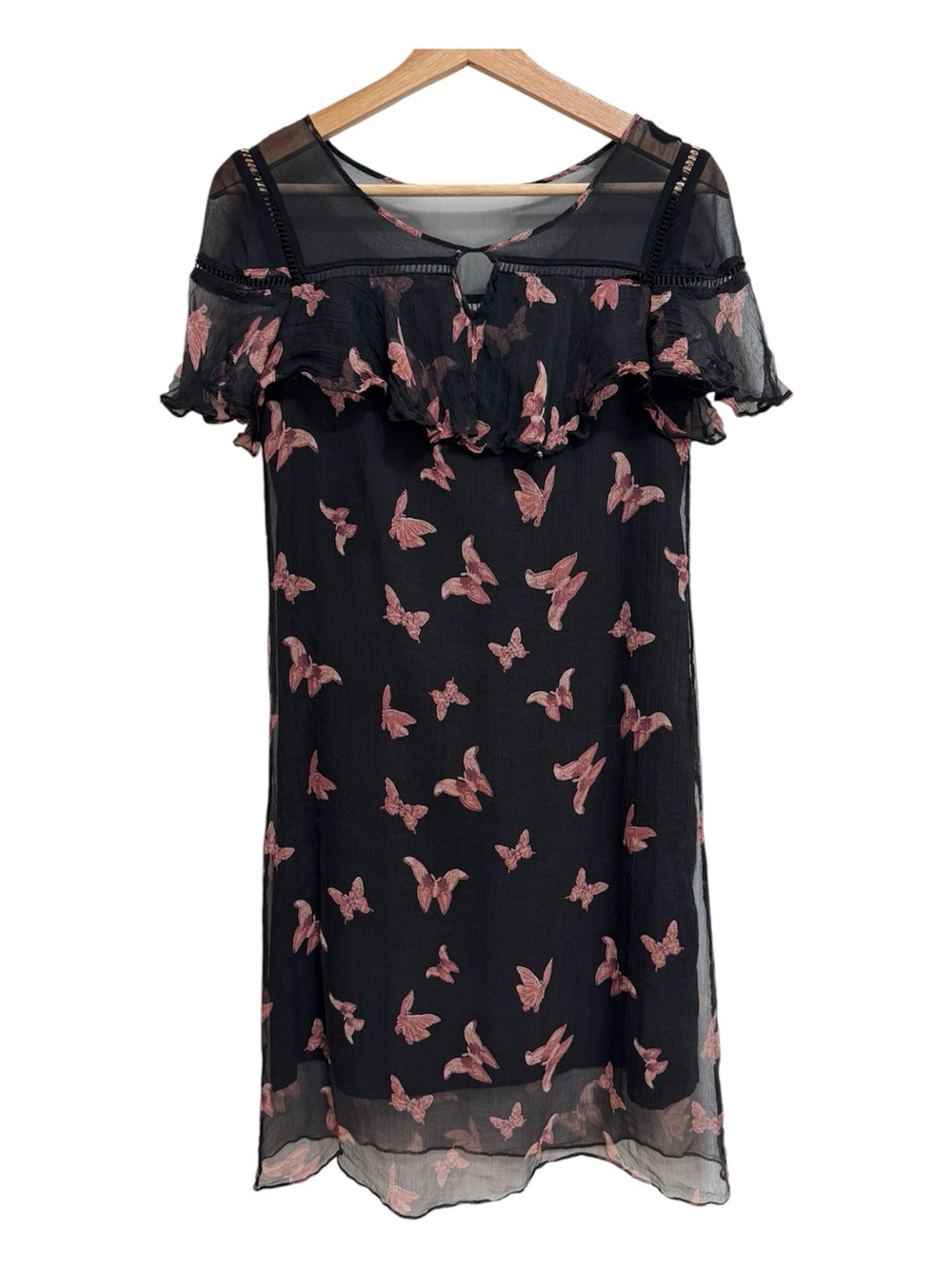 100% Silk Butterfly Print Shift Mini Dress Women’s Medium Whimsigoth Novelty